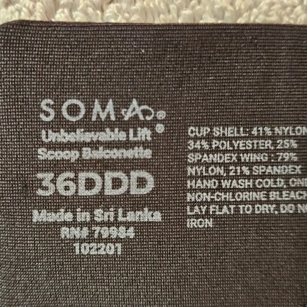 Soma Unbelievable Lift Scoop Balconette Bra 36DDD Black Underwire Full Coverage